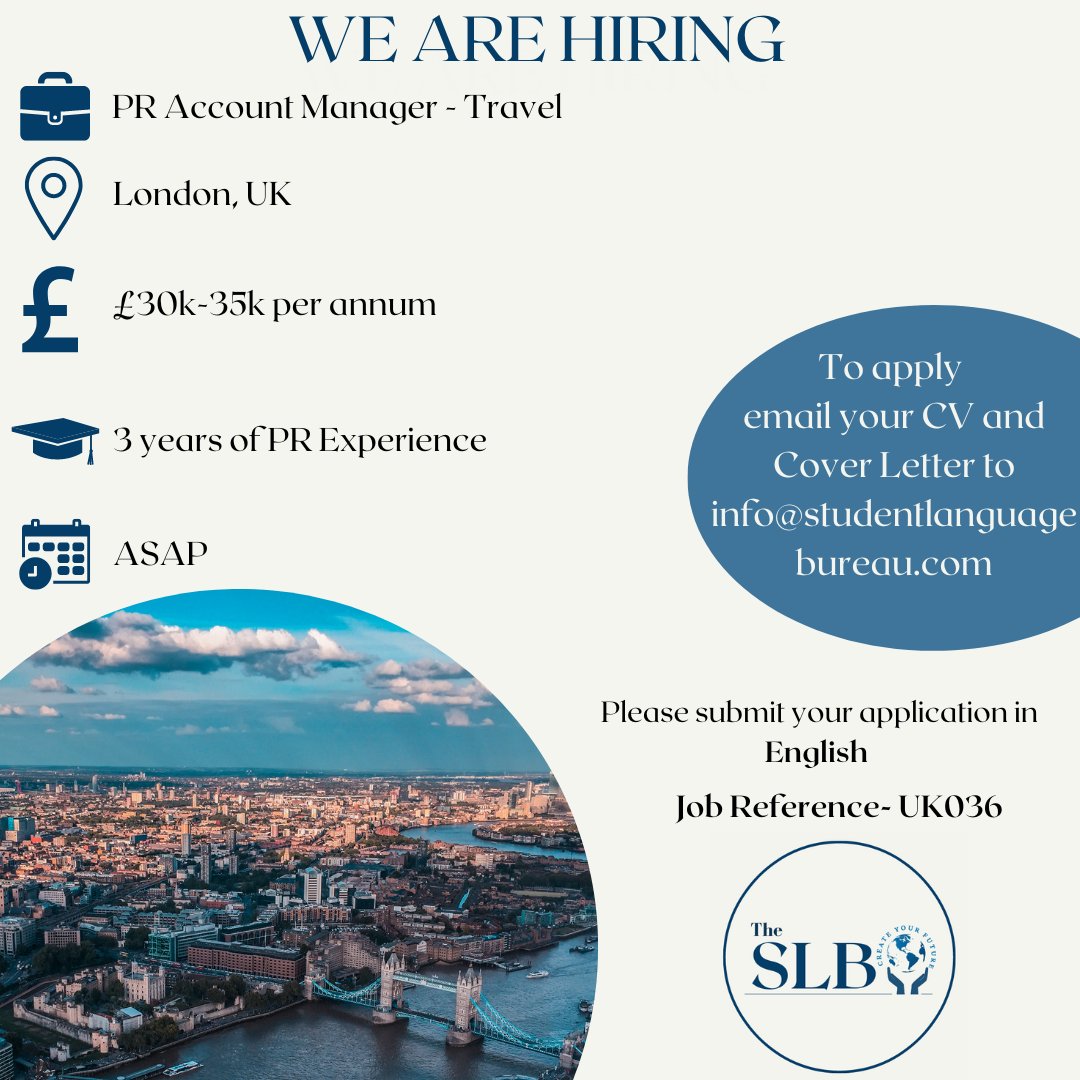 SLB_UK's tweet photo. 📢 #PR opportunity in #London 📢
💼 PR Account Executive
📍London 
💷 £30k-35k per year   
🗓ASAP  
🔗https://t.co/dgxr1A98WF

If you would like to apply, email your CV &amp; Cover letter in English to info@studentlanguagebureau.com with the reference 'UK036' 

#hiring #prjobs https://t.co/iX3dVSUM5u