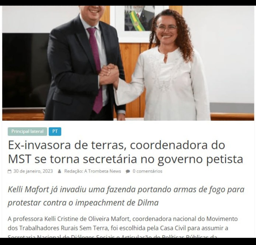 crisdemarchii's tweet photo. "Pesquisem inv@são na fazenda do Coronel João Baptista de Lima Filho" O cargo que Kelli vai exercer foi criado por Loola, ela será secretária nacional de diálogos sociais e articulação de políticas públicas 👇 https://t.co/xaXUy7g45O