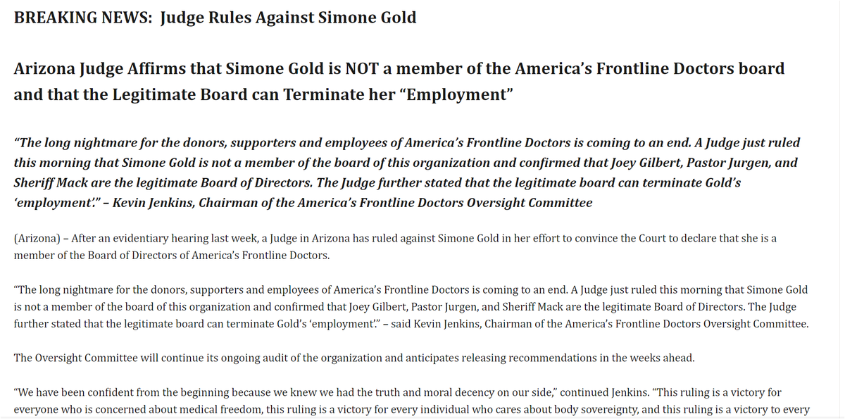 MaryamHenein's tweet photo. #BreakingNews Judge Rules Against #SimoneGold

Arizona Judge Affirms that Simone Gold is NOT a member of the America’s Frontline Doctors board and that the Legitimate Board can Terminate her “Employment” https://t.co/myUYT2UxR2