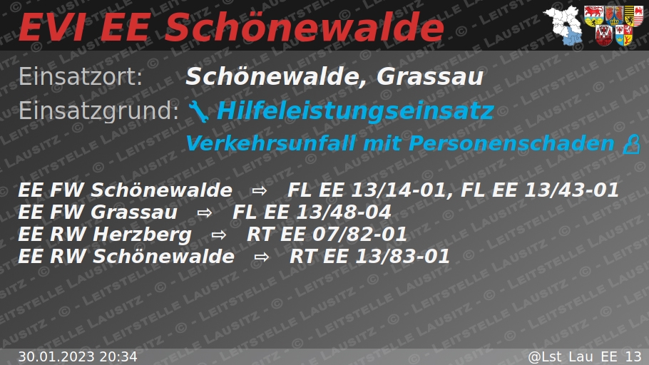 Lst_Lau_EE_13's tweet photo. 🚨 30.01.2023 20:34 💥 👤 H:Verkehrsunfall-mit-P 🌐 Schönewalde, Grassau 🚒 ⇨ FW Schönewalde, FW Grassau https://t.co/2VmQEzTwUI https://t.co/hZRgKXJkFe