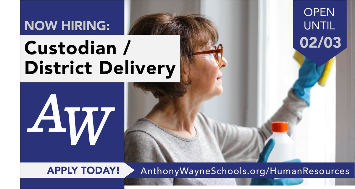 We have an open position at <a href="/awlshs/">A. W. High School</a> for a Custodian/District Delivery Person who is passionate about providing a safe and clean learning environment for students and staff.

Apply before February 3 online at 
AnthonyWayneSchools.org/HumanResources