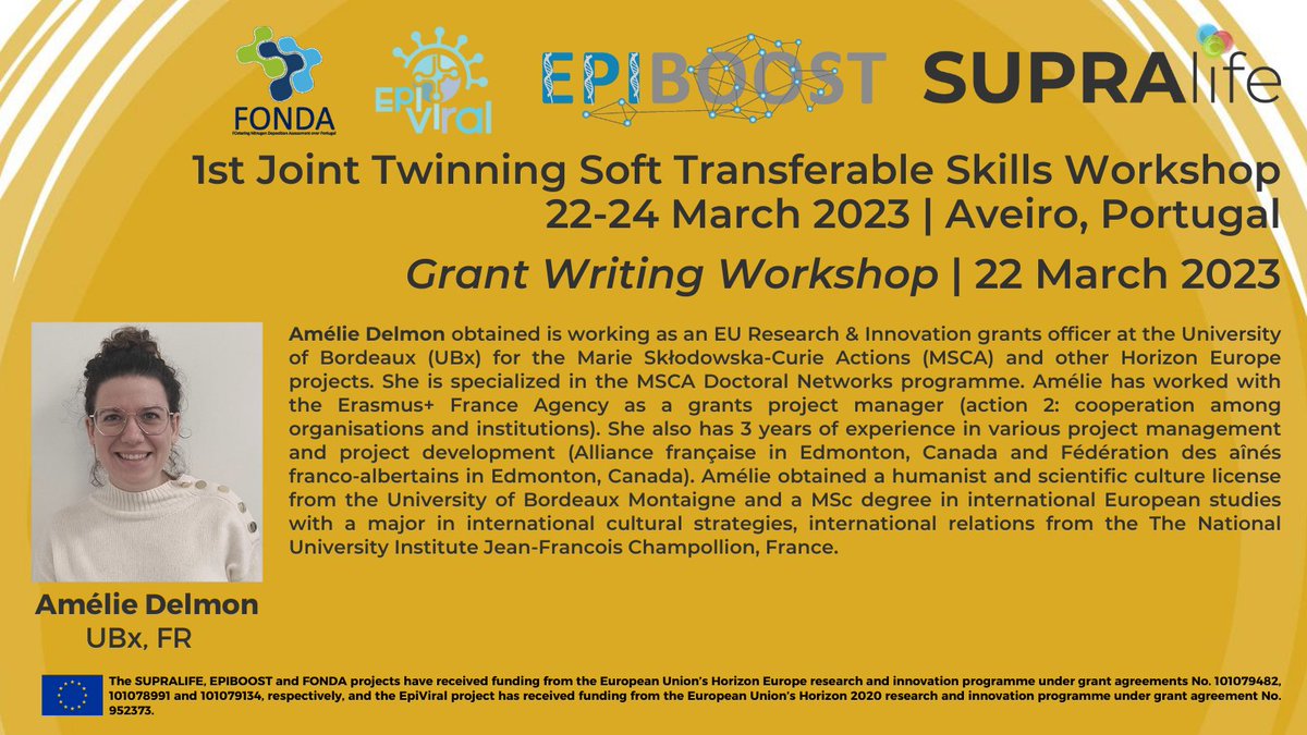 🗣️ Amélie Delmon, #EU Research & Innovation Grants Officer at the @univbordeaux 🇫🇷 is an invited speaker at the #grant #writing workshop!
Amélie will share tips & tricks on how to write competitive @MSCActions #DoctoralNetworks!
Join us in Aveiro 🇵🇹 next March!