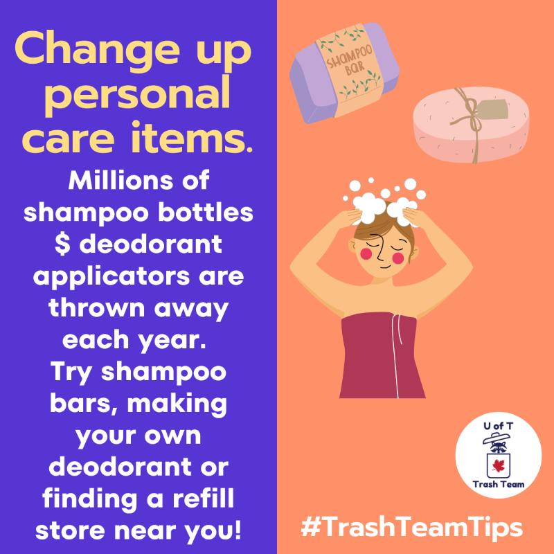 UofTTrashTeam's tweet photo. There are many personal care item alternatives with low or zero packaging (like shampoo bars!) and many fun DIYs you can experiment with at home to make your own. Sounds good to us! #HomeWasteAudit #TrashTeamTips https://t.co/hiSKwKjy9I