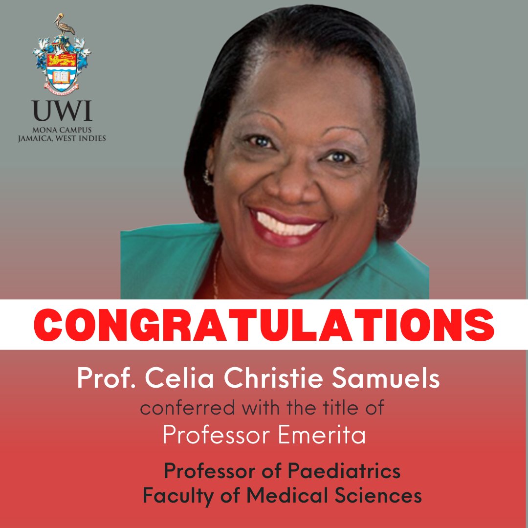 UWImona's tweet image. The UWI Mona congratulates Prof. Celia Christie Samuels, Prof. Denise Eldemire-Shearer and Prof. Maureen Samms-Vaughn on being conferred with the title Professor Emerita. 

#RootedReadyRising #UWI@75 #PelicanPride #TheUWIMona