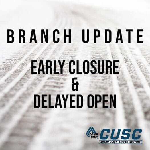 Branch Notification: All five branches will close at 5:00pm today, 1/30/23. 

Please check back for delayed openings on 1/31/2023, as roads may freeze overnight.  ❄️ 

We appreciate your business. Stay safe and warm.

#cuscoklahoma #sharedbranching #oklahoma #creditunions