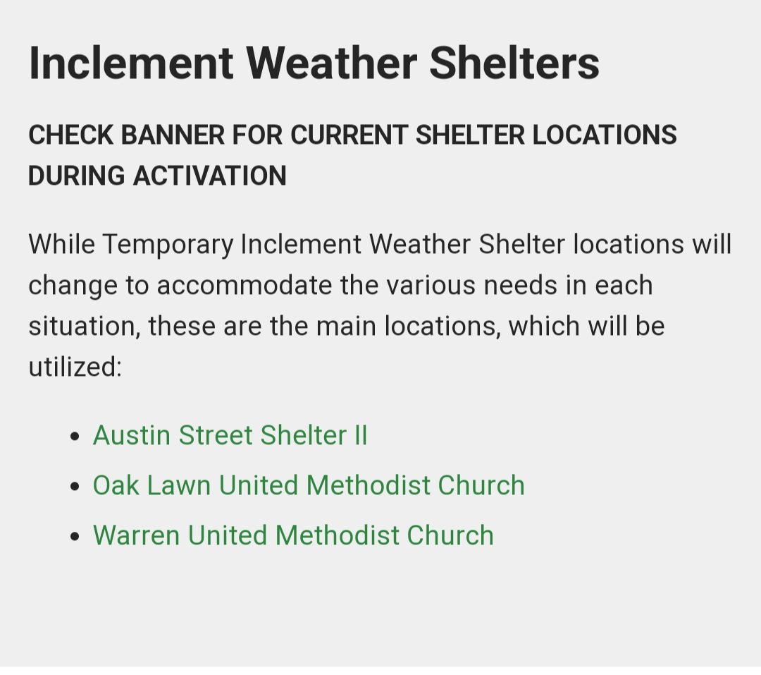 Dallas, TX: here are the <a href="/CityOfDallas/">City of Dallas</a> inclement weather shelters open so far. To request city-sponsored transloration to the shelters, call 311. Please share.