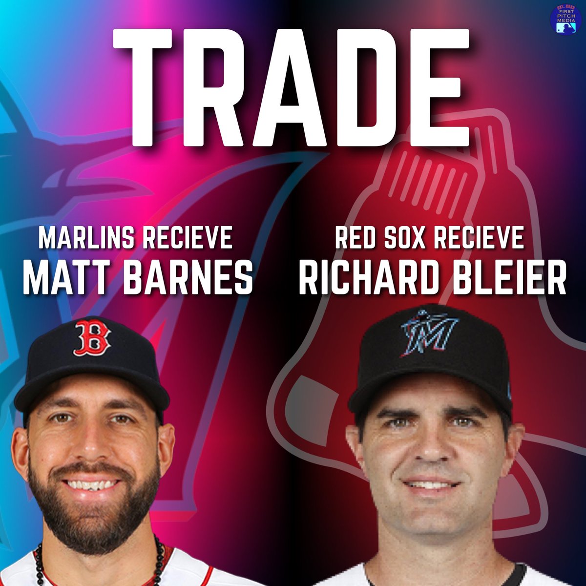 FirstPitchMedia's tweet photo. The Miami Marlins have acquired RHP Matt Barnes in a trade with the Boston Red Sox for LHP Richard Bleier. https://t.co/q81uhLGZDN