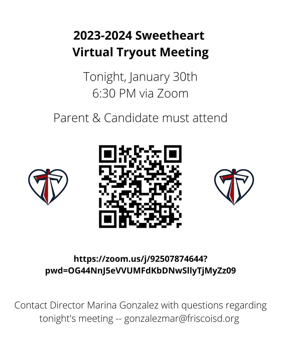 Due to impending weather, tonight’s tryout meeting will be on Zoom! See you at 6:30 pm via Zoom. ❤️💙