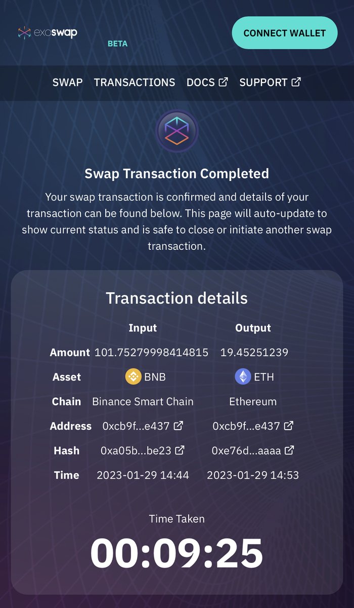 exoDefi's tweet image. More institutions are realizing the power of exoSwap! 

101 $BNB on BSC ---&amp;gt; 19 $ETH  on Ethereum 

✅ Seamless
✅ Secure
✅ DEEP Liquidity 
✅ Low Fees