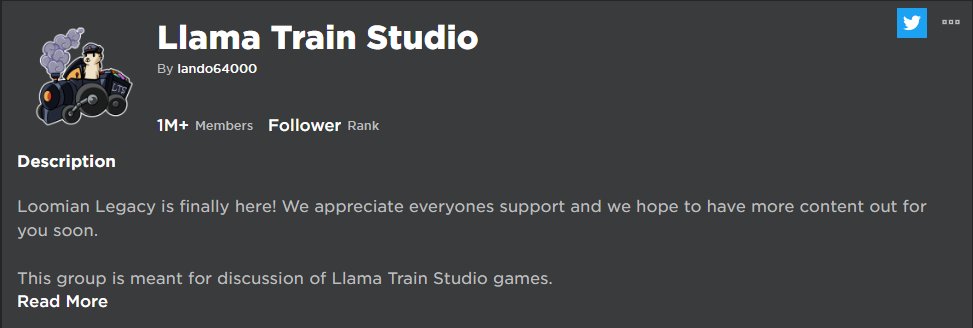 LoomianLegacy20's tweet photo. Congrats to the @Llama_Train_S Roblox Group on hitting 1 Million Members! 🎉

#LoomianLegacy https://t.co/o6HbBU8BBp