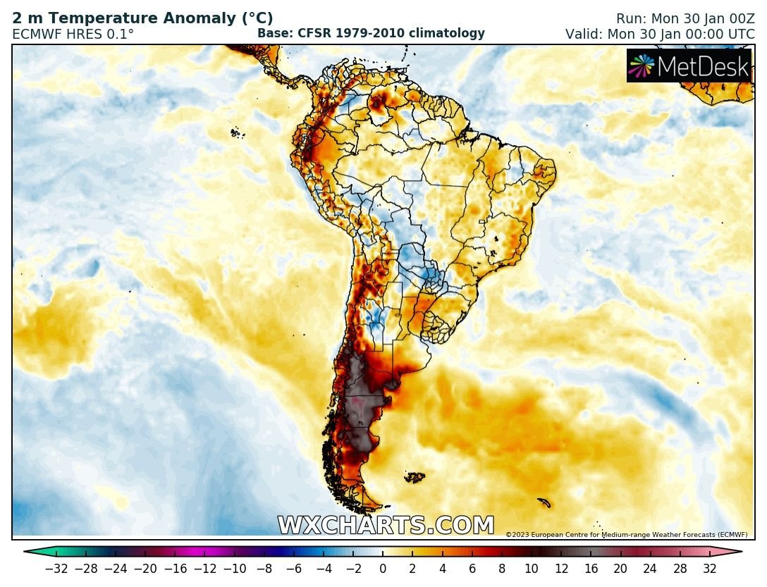 extremetemps's tweet photo. South America under an endless sequences of heat waves
Yesterday very hot in Patagonia up to 41.0C at San Antonio Oeste
Monthly record at Chapelco (779m) with 37.0C and missed by just 0.1C at Bariloche (845m) with 34.3C
More severe heat waves are looming and more records can fall https://t.co/k2NmTfYILJ