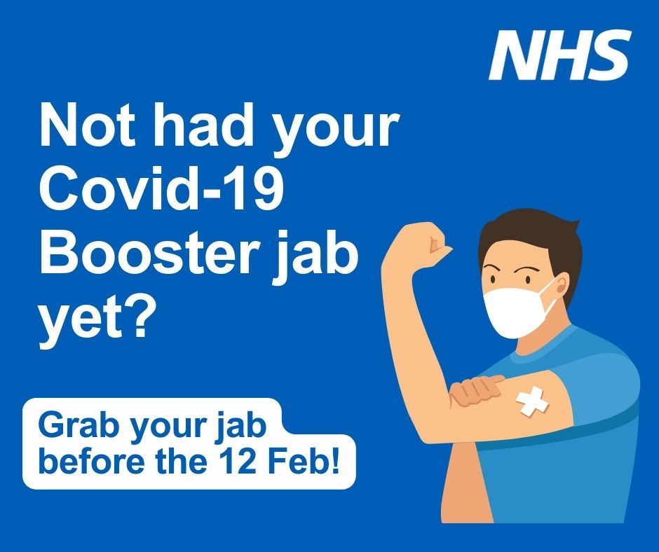 February 12th will be the last chance for anyone who has been invited for a COVID-19 booster to take up their offer. Visit nhs.uk/conditions/vac… to find a local walk-in clinic or for more information. #NHS