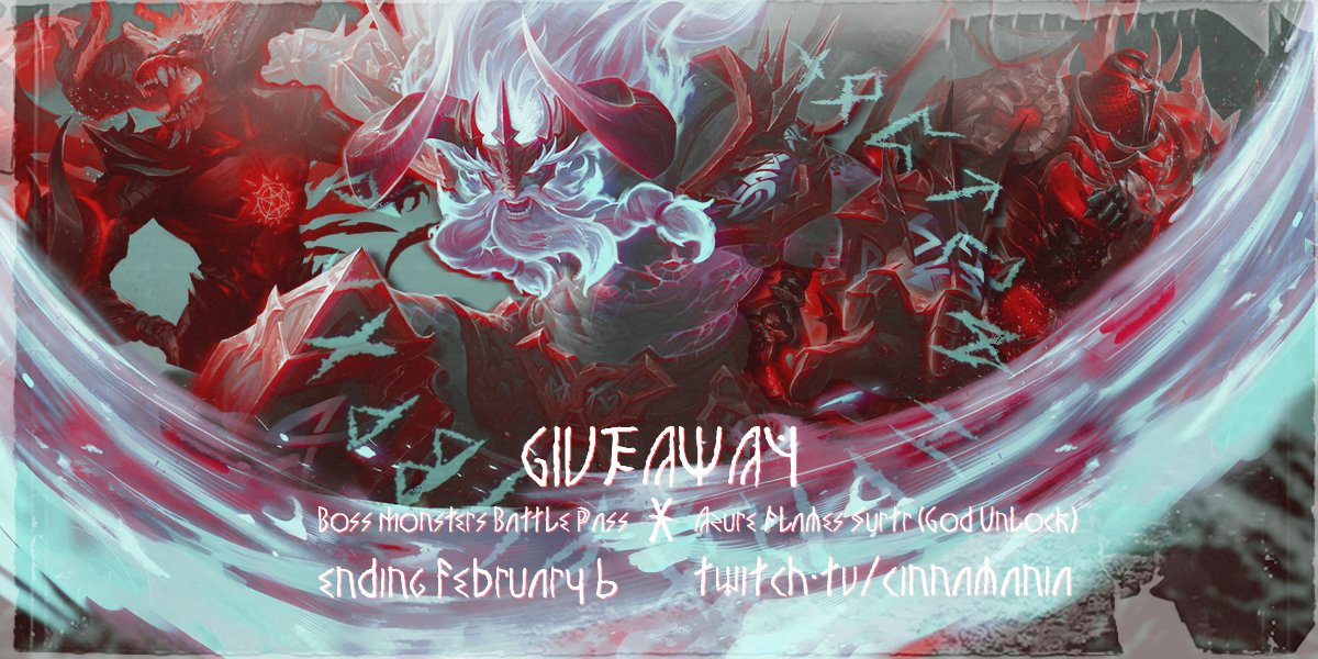 cinnamonoffline's tweet photo. ⚡️SMITE Giveaway! ⚡️

🌪️1 x Boss Monsters BP
🔥1 x Azure Flames Surtr + God Unlock

To win:
➡️ Follow me on 
https://t.co/oLYn2x9kOo &amp; https://t.co/a2fQZRbzEy
➡️ Like and retweet this tweet
➡️ Comment below which prize you want
➡️ Ending February 6th

Best of luck! 🍀 https://t.co/ZElHinFPqY