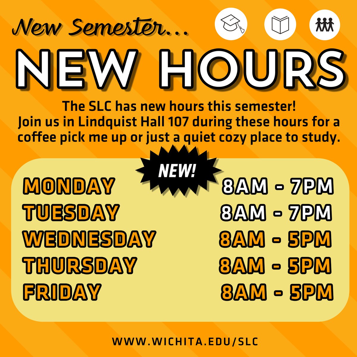 ShockerCenter's tweet image. New Semester, New Hours! Come enjoy a free cup of coffee ☕ or just hang out for a bit longer with extended 8am-7pm hours on Monday and Tuesday. We're looking forward to seeing you there! #lindquisthall #newyears #wsuslc #wichitastate #wichitastateuniversity #studytips