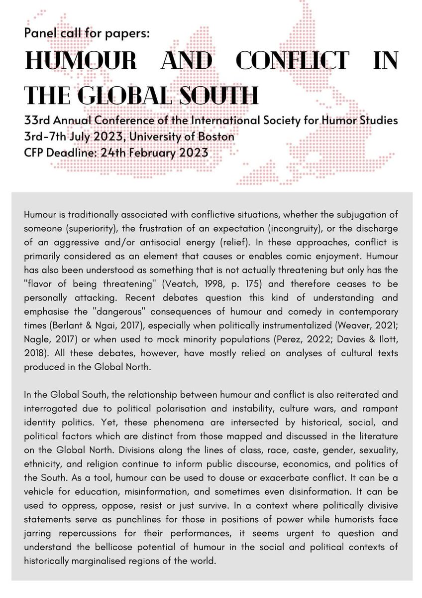 rujutadate's tweet photo. Humour and Conflict in the Global South Call for Papers! João Paulo Capelotti, Deigo Hoefel and I are proposing a panel for the upcoming International Society for Humor Studies Conference happening in July 2023.

#humourstudies #humorstudies #humour #humor #CFP #globalsouth https://t.co/xsAq9WICyC