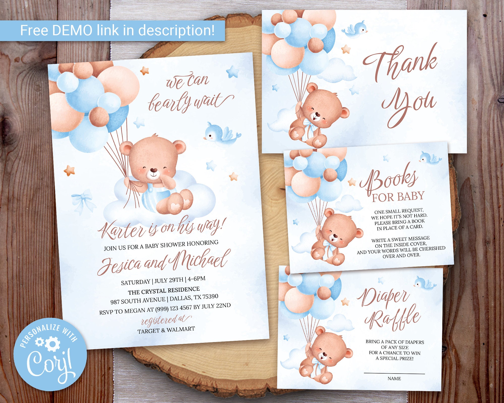 Bearly Wait Baby Shower Invite Template Blue Bear Baby Shower 