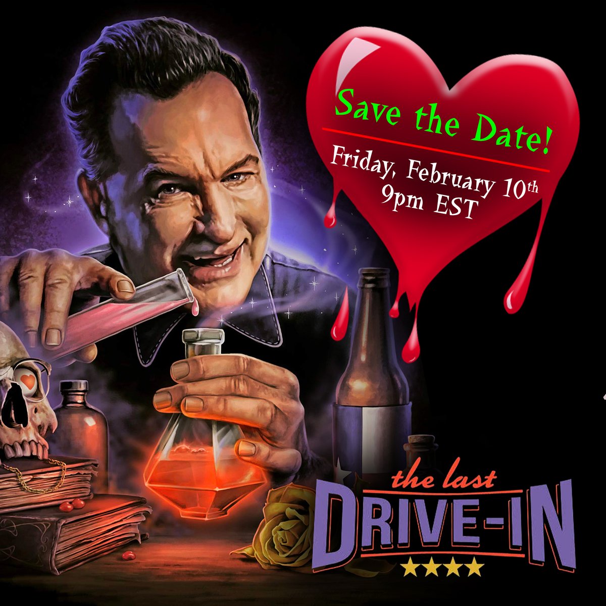 "Save the Date" graphic sharing The Last Drive-in Valentines Special, airing Friday, February 10th at 9pm EST on Shudder!