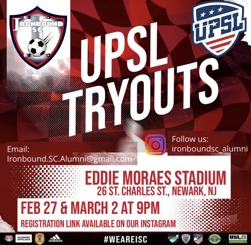 IronboundAlumni's tweet image. We are happy to announce our first round of tryouts for the newly formed UPSL team. The team will be competing in the UPSL American Division 1 in the Fall. 

Registration link will be in our IG Bio. There is no fee to tryout, but you must register online. Any questions, email us