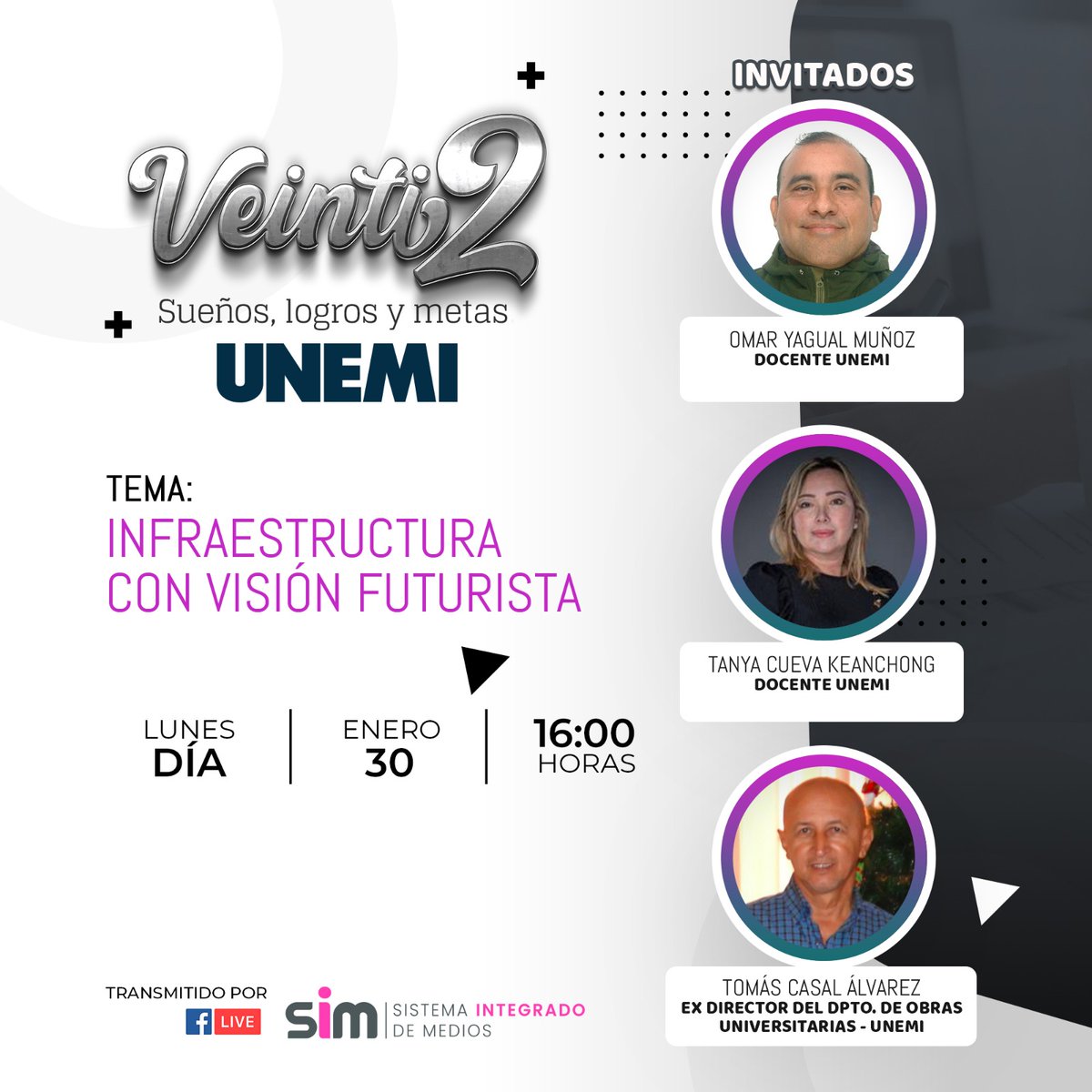 UnemiSim's tweet photo. 📌 LUNES 📌
⏩ Todo listo para el programa de hoy de #Veinti2 💯 Seguimos compartiendo los sueños, logros y metas de quienes conforman la #UNEMI✨
✅ Conéctate a las 16H00 a la transmisión en vivo de Facebook ➡ Sistema Integrado de Medios UNEMI 🤩
#UNEMIPlay #SIM #ByUNEMI https://t.co/88hxerZymL