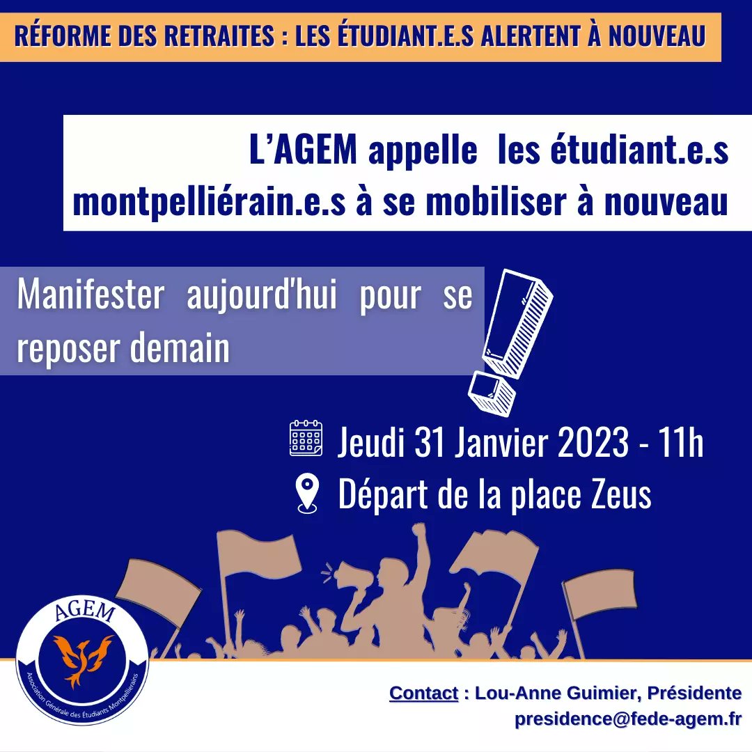 Les étudiant.e.s se mobilisent. 📣
L'AGEM appelle une fois encore les étudiant.e.s à manifester mardi 31 janvier à 11h, place Zeus pour défendre leurs droits. ✊
#reformedesretraites #montpellier #manifestation #etudiants #universite #universelle #universitepaulvalery