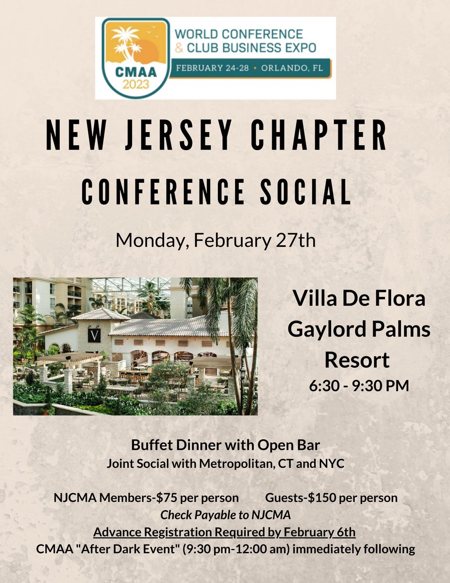 Don't Miss our Regional Chapter Event at  #CMAA2023 World Conference &amp; Club Business Expo. Sign up soon - the deadline is a week away!
ow.ly/SfEN50MERrh