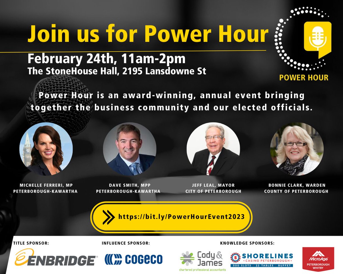ptbochamber's tweet image. Join us for Power Hour this February 24th: A lunch and conversation session with your elected officials.

Early bird tickets are on sale now and only until February 10th! 🔗 bit.ly/PowerHourEvent…
#PowerHour #PolicyWork #PKChamber #PtboKawarthasChamber #LovELocalPtboKawarthas
