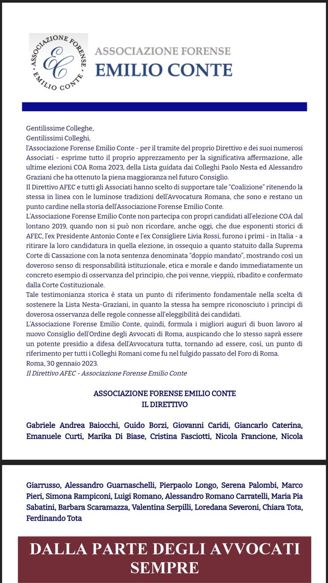 Comunicato ai #Colleghi da #Direttivo 2023 #Afec #Associazione #Forense #Emilio #Conte #elezioni #Coa #Roma 2023 #avvocatura #romana #ordine #Avvocati #Roma #Consiglio #elezioni #gennaio 2023 
👏👏👏👏👏👏👏👏👏👏👏👏👏👏👏👏👏👏👏👏👏
in bocca al lupo al nuovo Coa Roma 2023.
