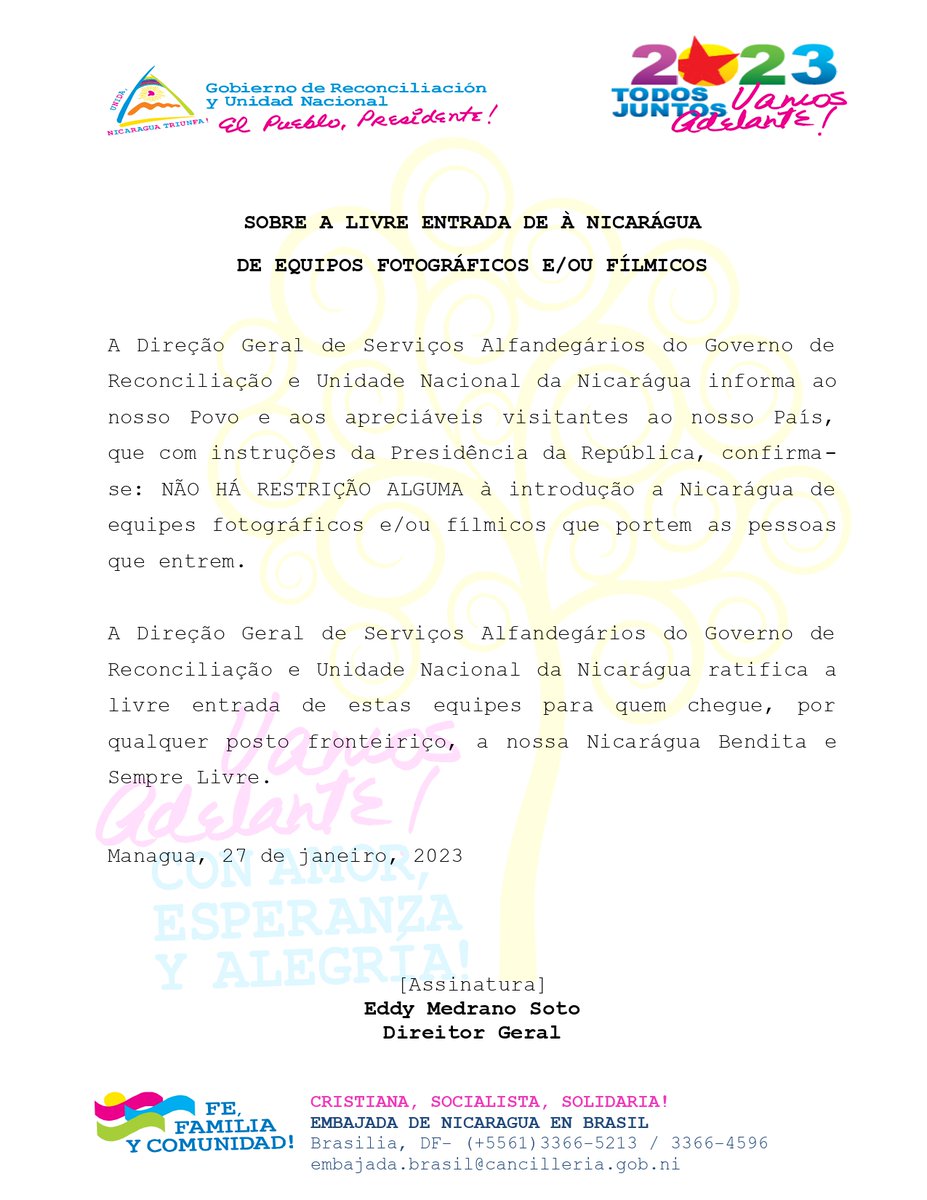 EmbaixadaNicBr's tweet photo. Comunicado Oficial sobre el Libre Ingreso de equipo fotográfico a Nicaragua! https://t.co/bea5XKy2If