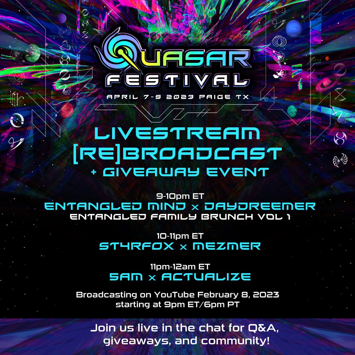 Live stream announcement!
🪐👩‍🚀👽
<a href="/QuasarFestival/">QuasarFestival</a> presents a very special live session featuring Entangled Mind x Day Dreamer / ST4RFOX x MEZMER 5AM x ACTUALIZE
🪐👩‍🚀👽
02/08 9pm-12am 
YT Link:  qsrfst.com/youtube
#quasarfest2023 #flowarts #edmlivestreams #edmlivestream