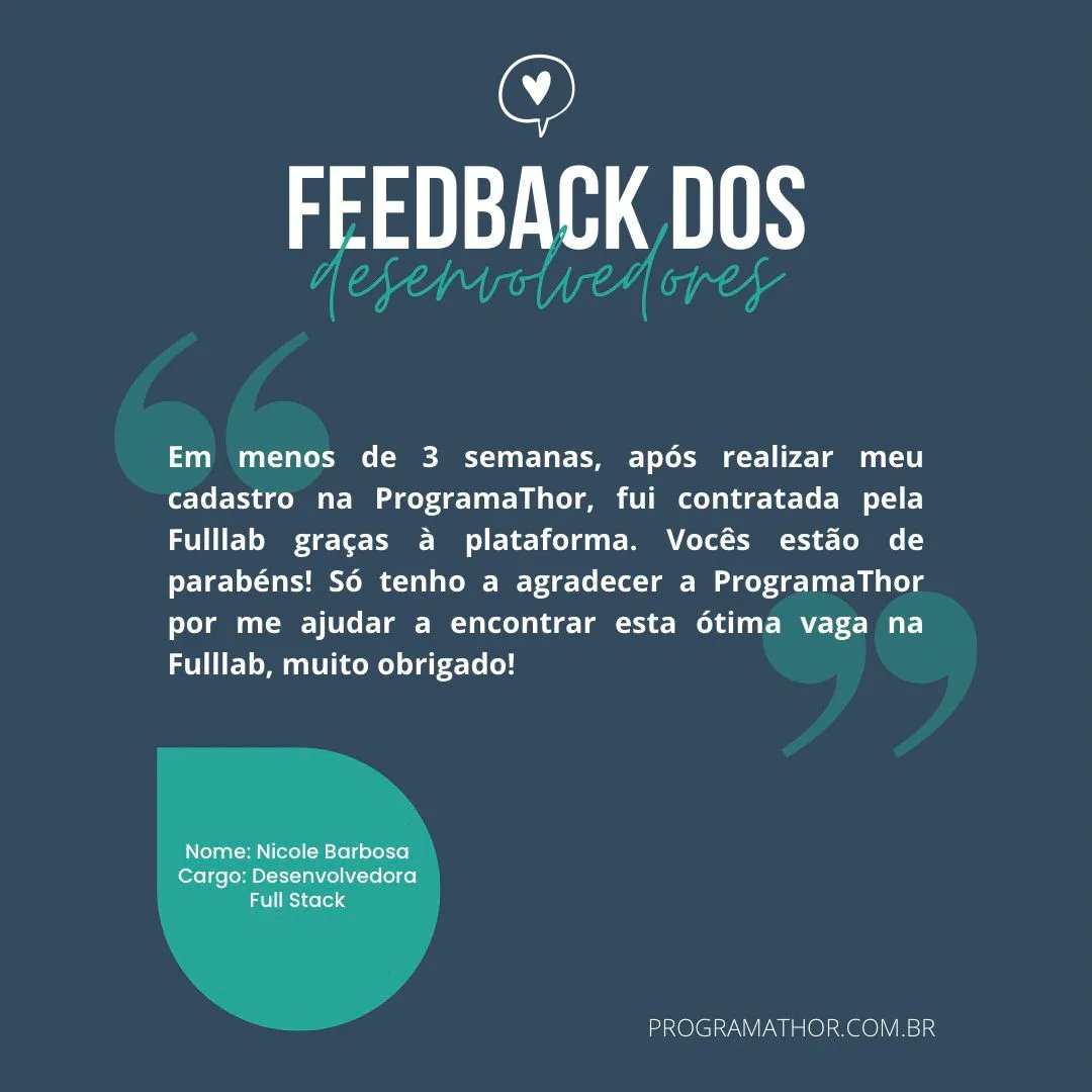 ProgramaThor's tweet image. Hoje trouxemos o depoimento da Nicole sobre sua experiência com a nossa plataforma.

Quer encontrar vagas que combinam com o seu perfil e se candidatar de forma fácil e intuitiva?  Vem pra ProgramaThor! 😉💙

#programathor #desenvolvedor