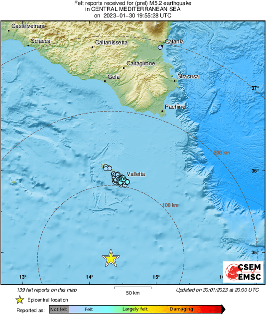 EMSC on Twitter: "#Earthquake 79 km S of #Żurrieq (#Malta) 20 min ago (local time Updated map - Colored dots represent local shaking &amp; damage level reported by eyewitnesses. Share your