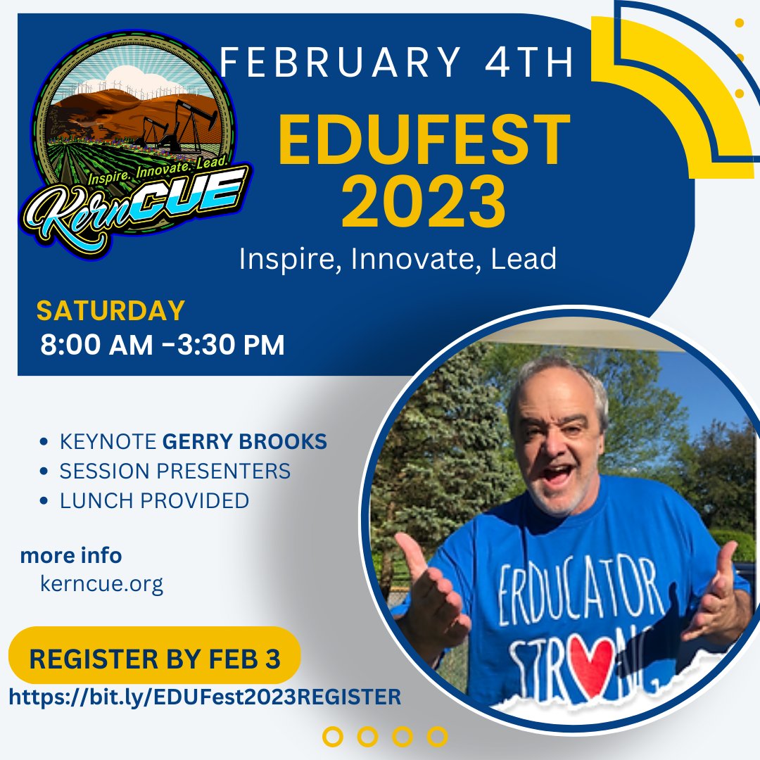 Educators! Have you heard about EDUFest 2023? Gerry Brooks is coming to keynote! Lots of presentations to choose from! Awesome exhibit hall! PRIZE DRAWINGS! Lunch is included in the cost! Join us! Registration closes Feb 3 at 8 pm. #wearecue #somoscue #KHSD #TeamBCSD #KCSOS