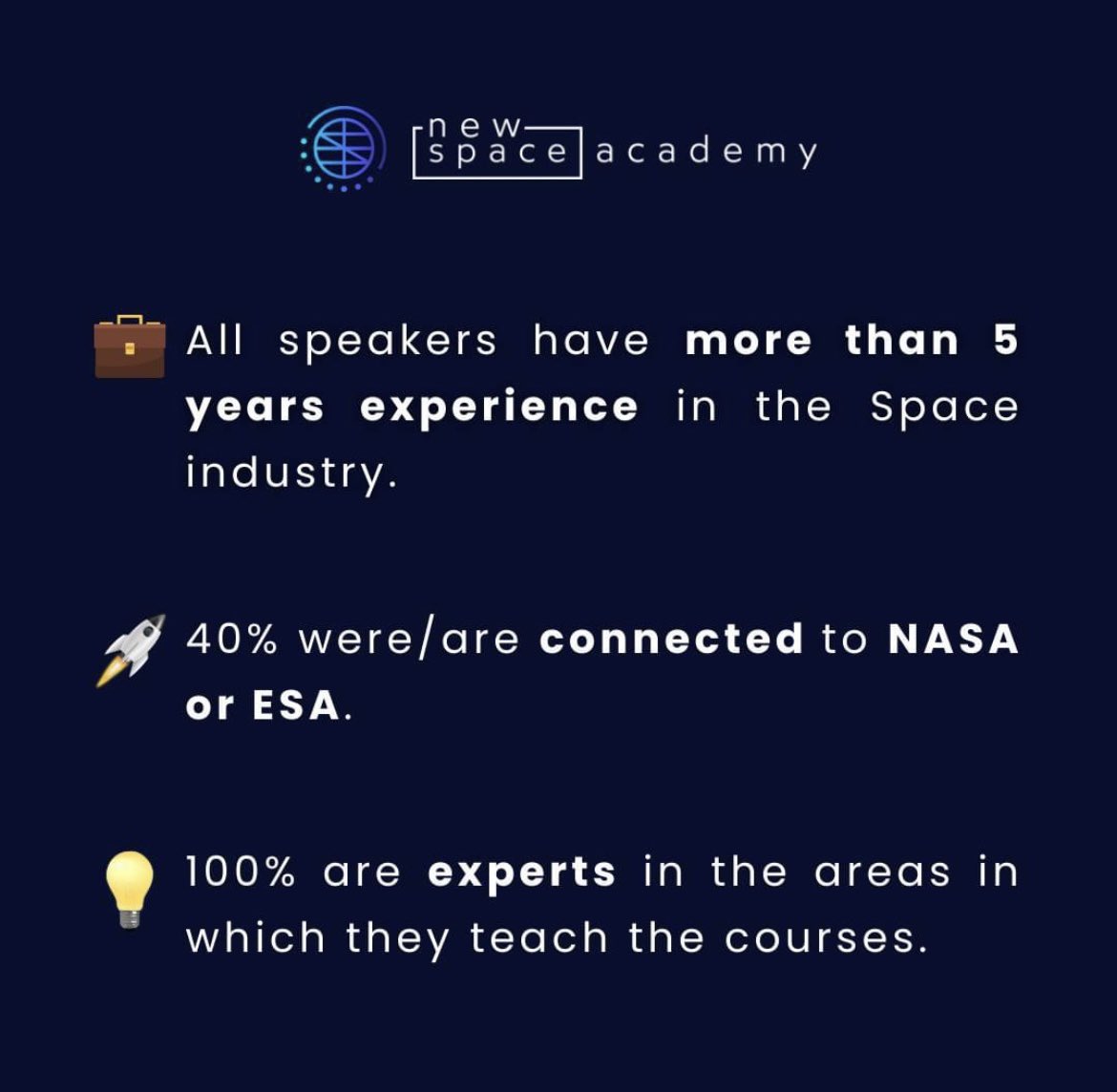 EldrigeMelo's tweet photo. π The Newspace Academyβs concept is simple - They provide the best space online courses for students and professionals!
π§βπ» Join them, join us in our next course π
Tickets available at https://t.co/fhbDheCCjY or @wearespaceway π«
#spaceway #newspaceacademy #software #space https://t.co/zKaTMgttJ7