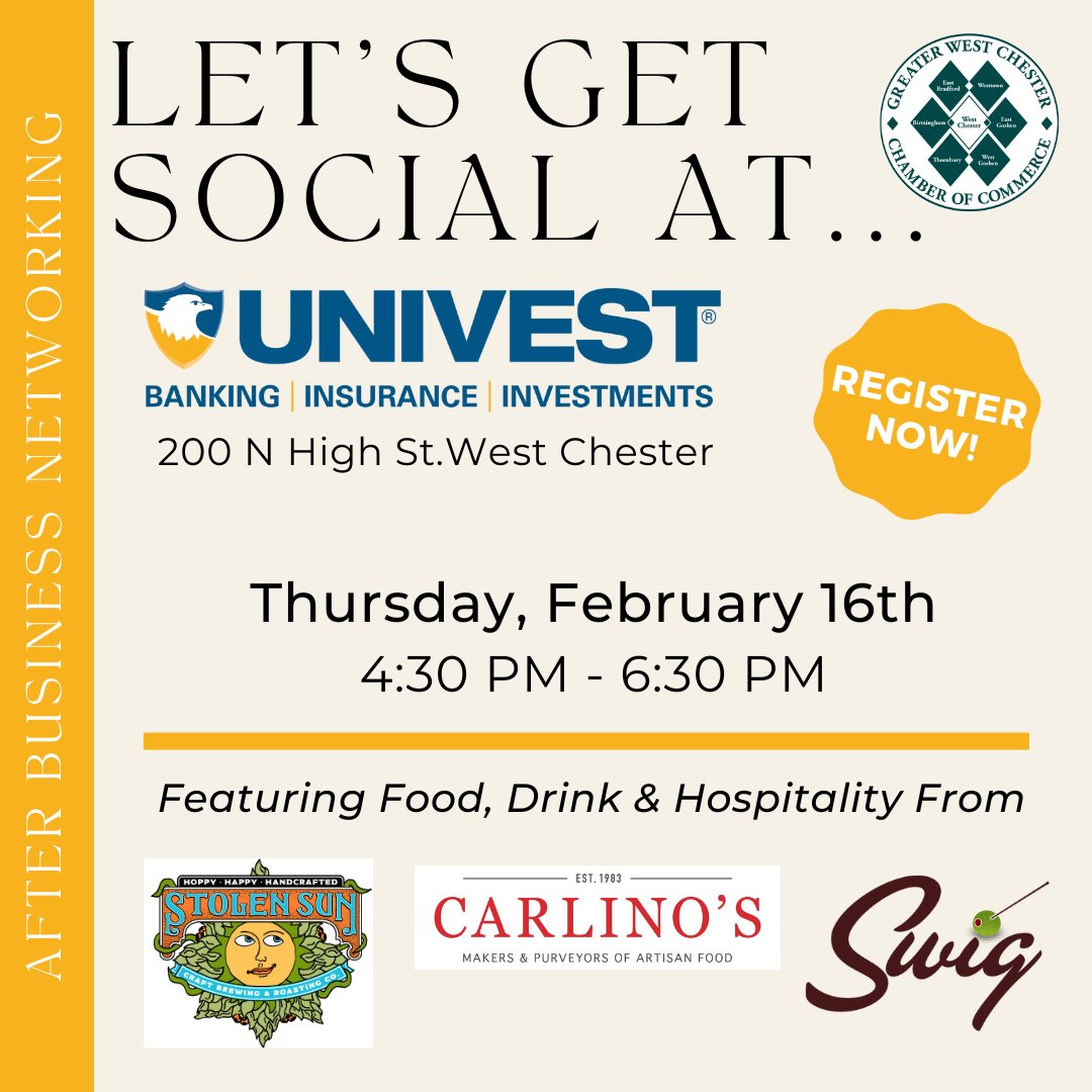 Let's get social with <a href="/UnivestCorp/">Univest Financial</a> for an #AfterBusinessNetworking event! 🤝 Join us Thursday, February 16th, from 4:30 - 6:30 PM for networking, food, drinks and hospitality from Carlino's Market, Stolen Sun and Swig! Register for free here: ow.ly/IUSf50LVpV4