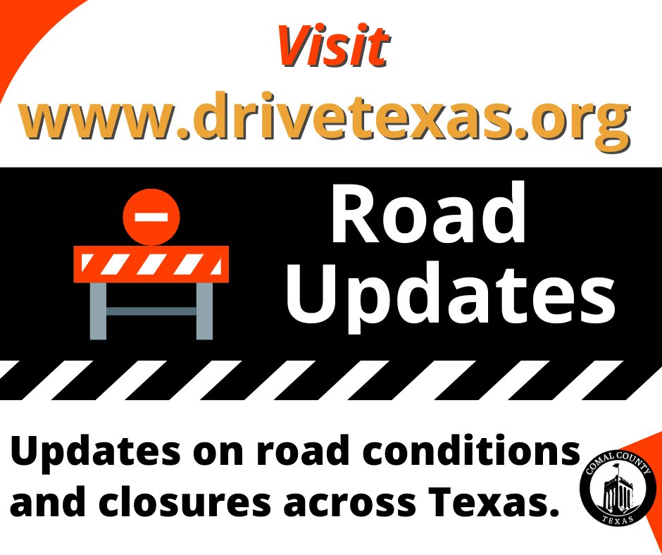 ComalCountyTX's tweet photo. If you must be on the roads tonight or tomorrow, check your route ahead of time.
Visit https://t.co/YXuQbWazPy for information on road conditions and closures. #ComalCountyCommunity https://t.co/MgsM2gqqFQ