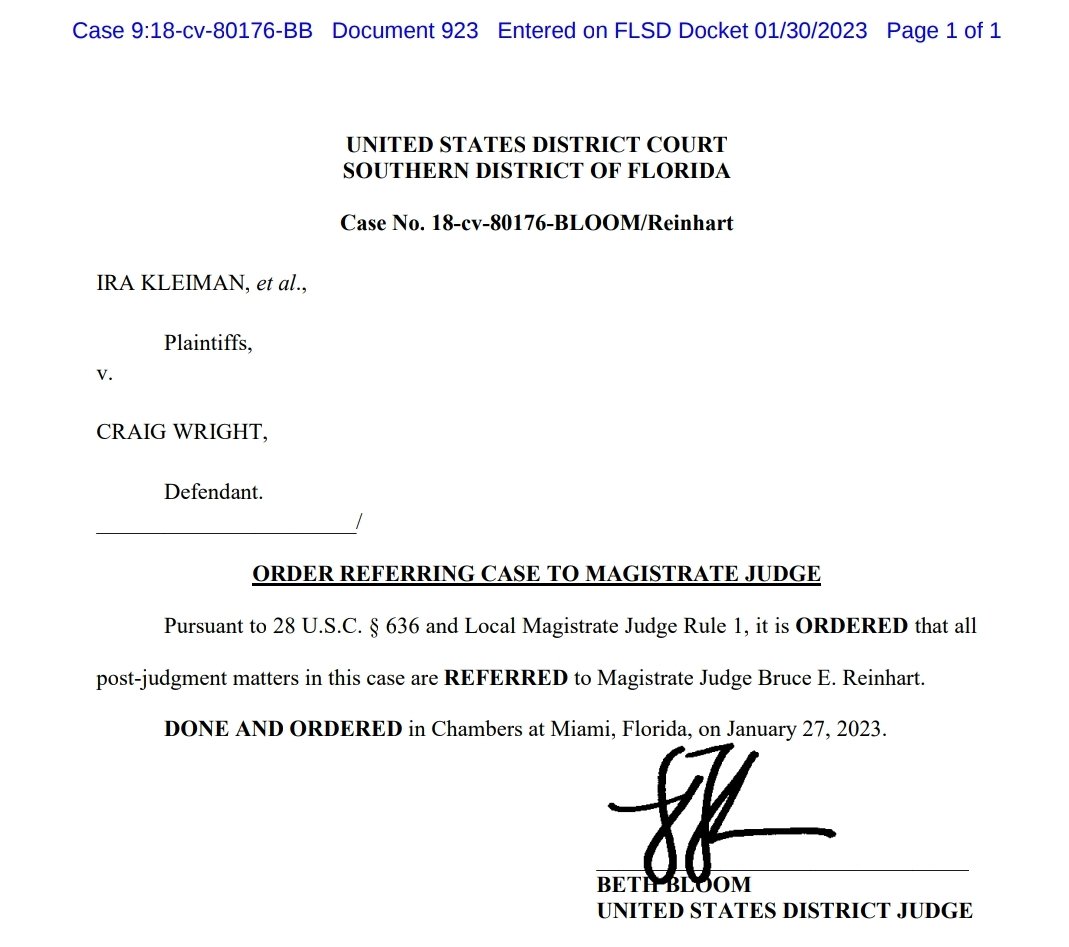 hascendp6's tweet photo. Kleiman v. Wright update.
Judge bloom has referred the case to Judge Reinhart. Reinhart saw through Craig Wright's #Faketoshi act from the start. His most damning findings so far have dismissed Craig's claims of W&amp;K ownership &amp; found that the Tulip Trust doesn't exist. Game over. https://t.co/rQdTsIETY9