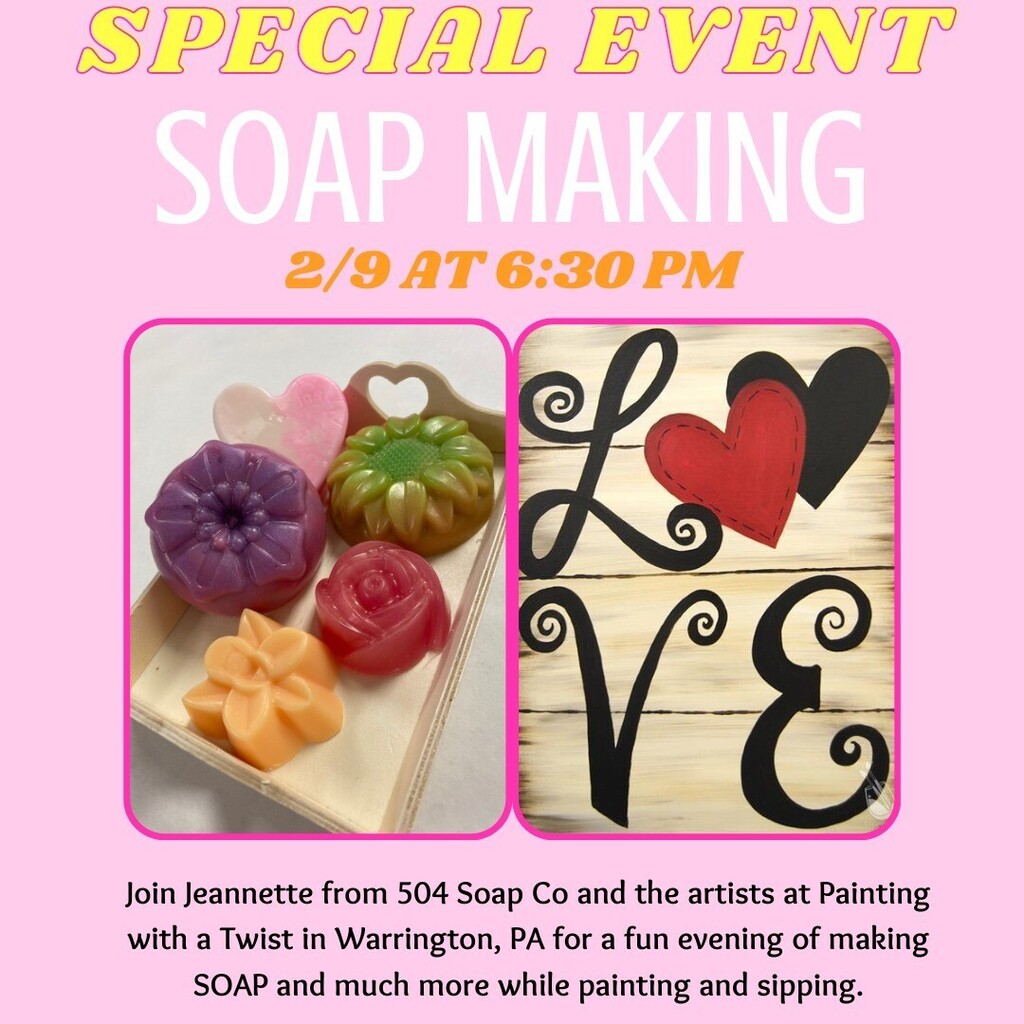 PWATWarrington's tweet photo. Join us for the Soap Making and painting event! We will take you step-by-step through creating this beautiful artwork PLUS join Jeannette from 504 Soap Co for a fun evening of making SOAP. Bring your friends and family! Advanced reservations are required… https://t.co/4uwqkxtSCB https://t.co/Mhb4lnBPPo