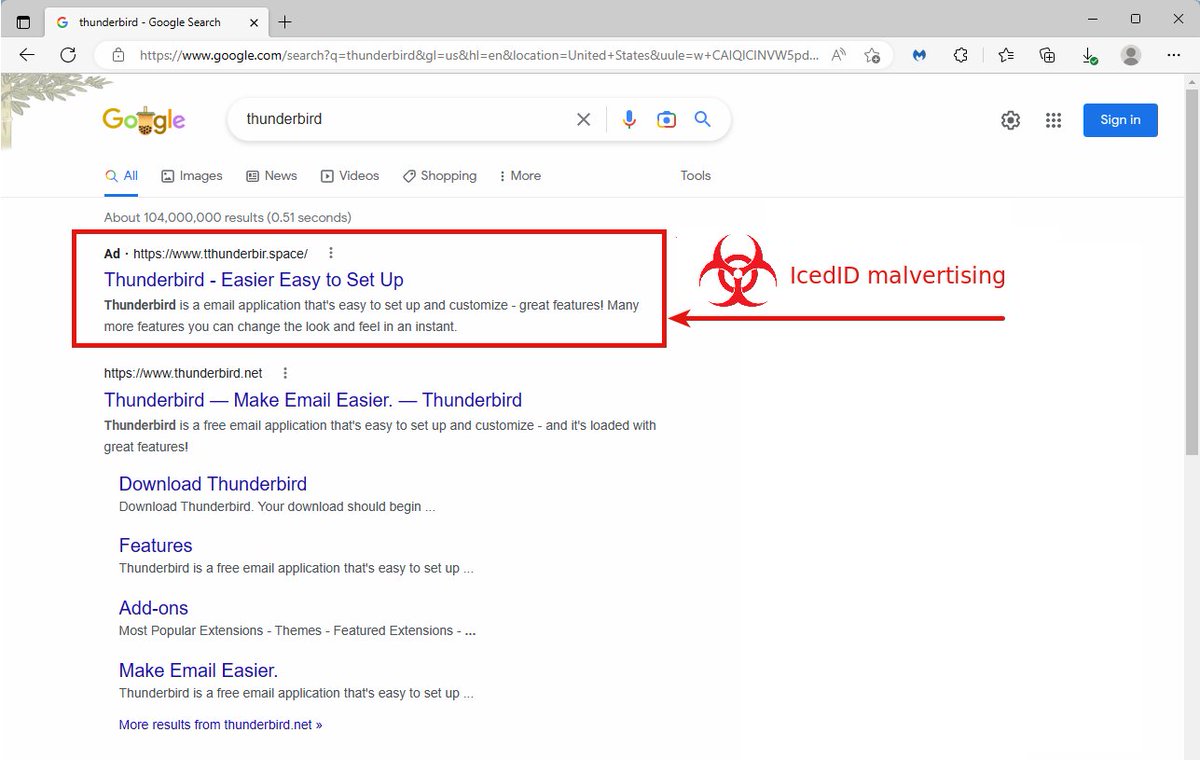 IcedID #malvertising tricking users searching for Thunderbird on Google Search ⚠️🚨

IcedID payload hosted on Cloud Storage for Firebase:
🌐 urlhaus.abuse.ch/url/2522920/

IcedID payload:
🪲 bazaar.abuse.ch/sample/00dfa5f…

IcedID C2:
🔥 threatfox.abuse.ch/ioc/1075360/

/cc <a href="/GoogleAds/">Google Ads</a>