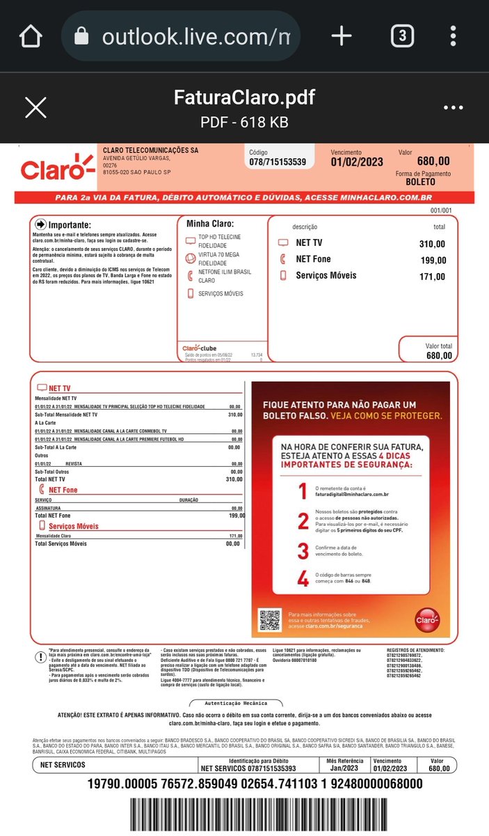 Tsbandeira's tweet photo. Essa fatura falsa da @ClaroBrasil que chegou no meu email agora me pegou muito. Hahaha além de colocarem uma propaganda alertando sobre boletos falsos, tem um serviço ali que custa R$ 171.
#fake #falso #claronet #NET #Fatura #boleto https://t.co/dlcksPmY21