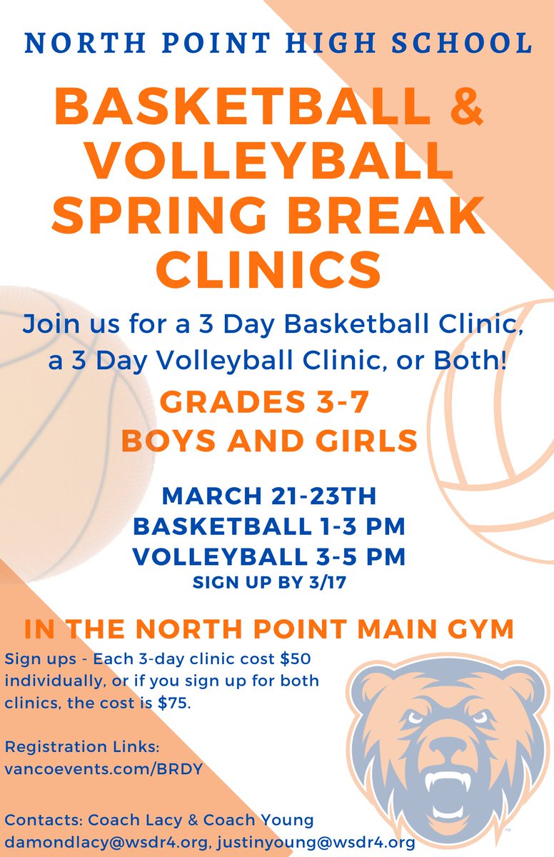 NPGrizzliesVB's tweet photo. Staying in town for spring break? Come work on your volleyball and basketball skills! Open to all students, not just future Grizzlies! @NPGrizzliesGBB @NP_Grizzlies_AD @CoachLacy_ https://t.co/AErZHw2zeR