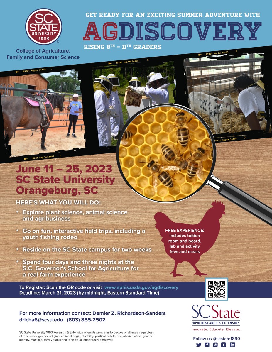📣ATTENTION PARENTS: Get ready for an exciting summer adventure with the #SCState1890 AgDisovery Camp!
The summer camp is open to rising 8th-11th graders in South Carolina! Click the link below to register and learn  more about the camp! 
Register here: 1890.info/40fzbuT