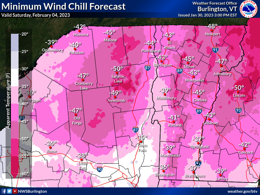 Unusually cold wind chills are expected Friday through Saturday! While these values could fluctuate as the event grows closer, NOW is the time to prepare your homes and vehicles for cold weather. #VTwx #NYwx
