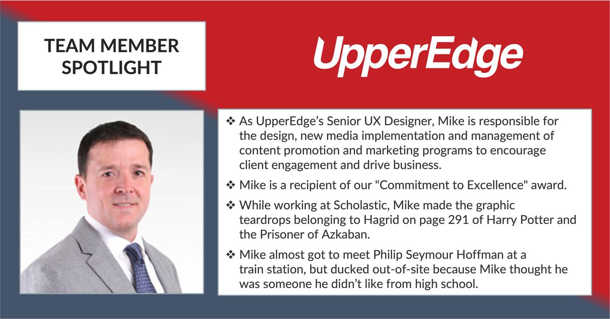 UpperEdge's tweet photo. This month’s #TeamMemberSpotlight features our Senior UX Designer, Mike Brown. Mike has been with UpperEdge for 5 years and has been an integral part of our Marketing Team. We are so fortunate to have Mike as part of the UpperEdge family! https://t.co/7AwTgMVdMk