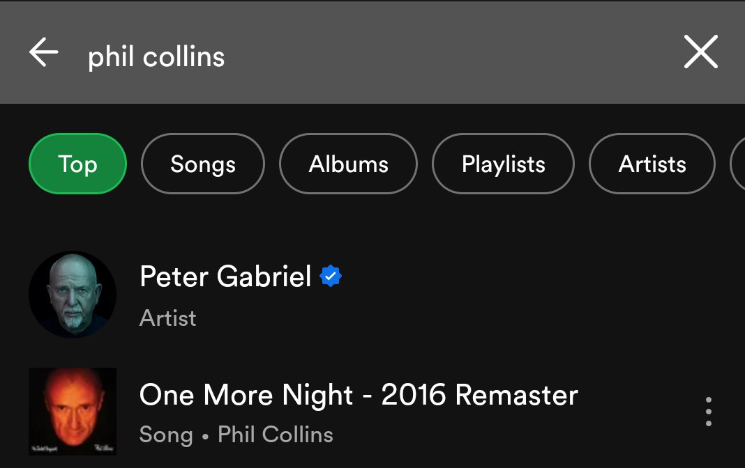 Spotify putting these images next to each other makes it look like Phil Collins and Peter Gabriel are rival wizards.