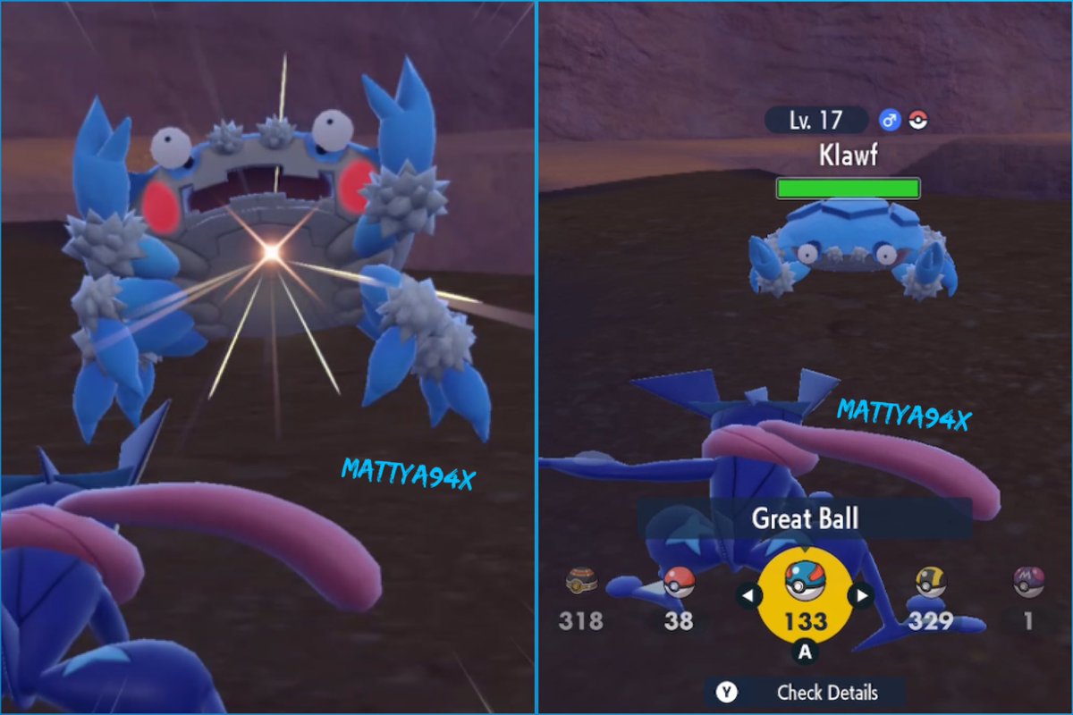 MattyA94x's tweet image. Finally after trying multiple times for a Klawf Outbreak I got lucky didn’t take long to get my most wanted shiny in the game let’s go!! 🤩✨🥳

🎉🔵🦀 SHINY KLAWF 🦀🔵🎉

#PokemonScarlet #MassOutbreak #ShinyKlawf #ShinyPokemon