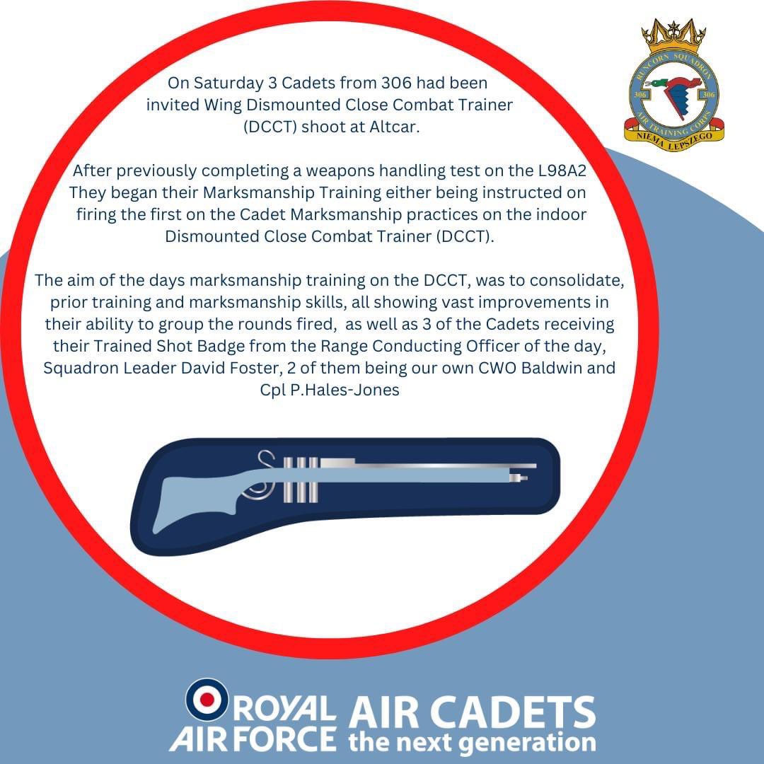 on Saturday 3 Cadets from 306 had been invited Wing Dismounted Close Combat Trainer (DCCT) shoot at Altcar. CWO Baldwin and Cpl P.Hales-Jones achieved their Trained Shot Marksman badge with the L98A2 Cadet GP Rifle, congratulations to you both.