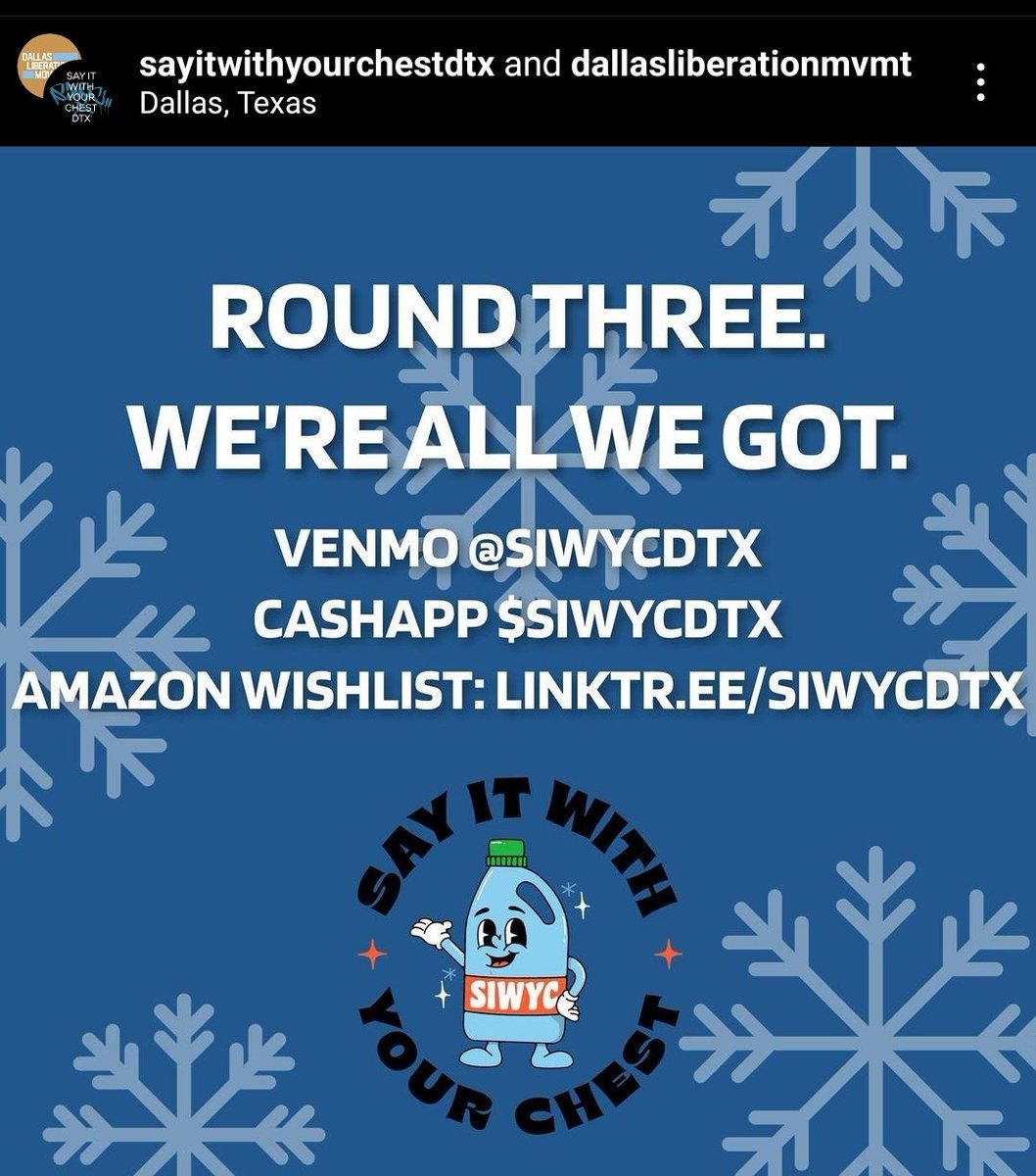 Dallas, TX: The homies at <a href="/siwycdtx/">sayitwithyourchestdtx</a> and <a href="/dlmvmt/">Dallas Liberation Movement</a> are getting ready to support unhoused community members once again. Pls contribute/share y'all.