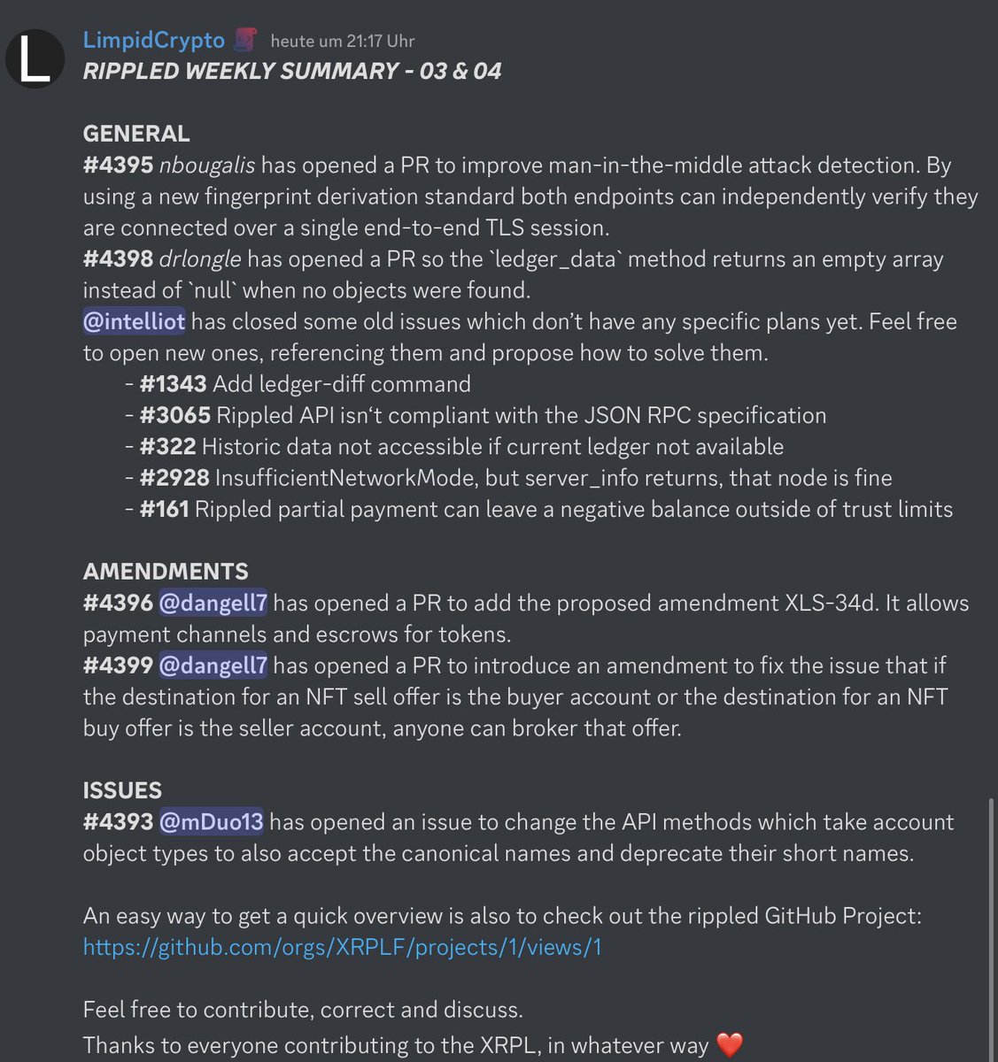 LimpidCrypto's tweet photo. A little late but here is the #rippled summary for weeks 3 &amp; 4 :)

#XRPL https://t.co/NVlzB9gyQT