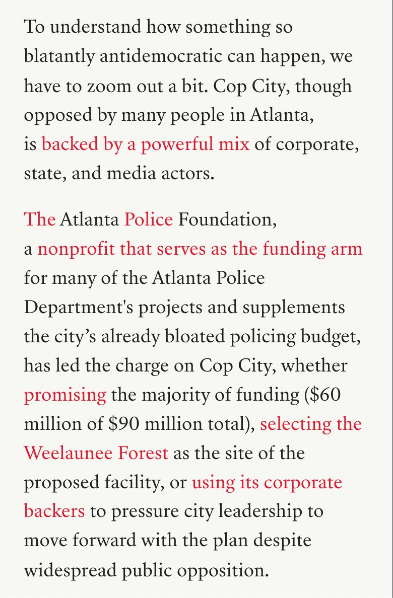 Roots_Action's tweet photo. "To understand how something so blatantly antidemocratic can happen, we have to zoom out a bit. Cop City, though opposed by many people in ATL, is backed by a powerful mix of corporate, state, &amp; media actors" #StopCopCity 

Read @micahinATL @hannahcrileyy: https://t.co/M6H75I6Q9m https://t.co/erUlg99Zjn