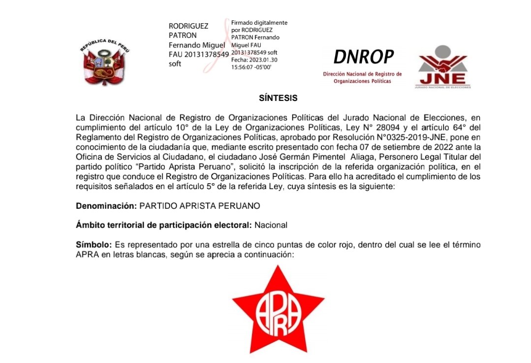 El JNE el hoy ha notificado la síntesis de la inscripción del APRA,el Partido de Haya de la Torre tiene garantizada la presencia electoral en la política Peruana, gracias nuestros compañeros Dirigentes y Militantes que con fé lograron nuestra inscripción 
¡EL APRA NUNCA MUERE!